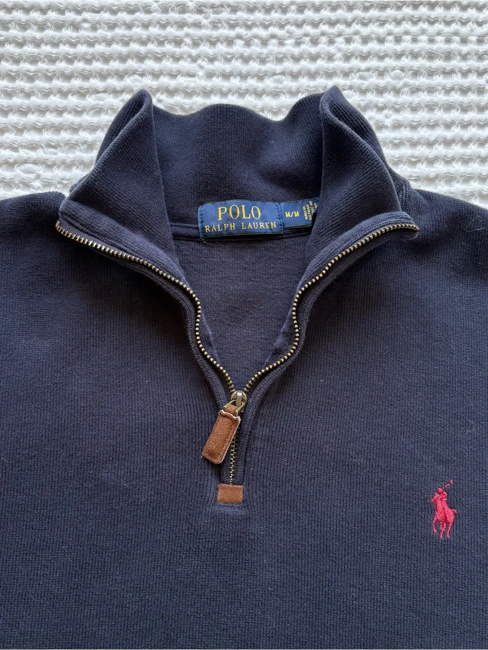Polo Ralph Lauren Quarter Zip Estate Rib Pullover Navy Blue Pony Cotton - M